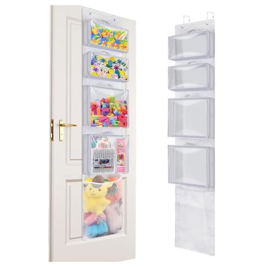 Woodoulogy Hanging Toy Storage over Door, Block Stuffed Animal Organizer Idea with 4 Removable Case Bag, Bi-Fold Closet Holder with Mesh Pocket for Kid Boy Girl