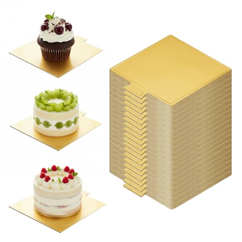 KHstylehoo 100 Pièces Support Gateau carrées, 90 x 84 mm Plateaux à Gâteau Ronds en Carton, Accessoires, Plateau Doree en Mousse, pour Base de Gâteau,...