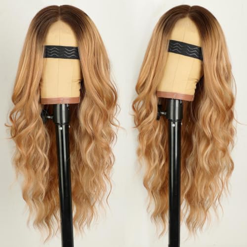 Image of AISI HAIR Dark Root Honey Blonde Wavy Wig with Soft Pink Ends for Women, Long Wavy Lace Hairline Middle Part Synthetic Heat Resistant Wig for Daily Party-26 Inch