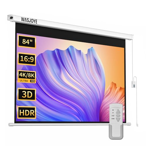 WASJOYE 84 Leinwand Beamer Elektrisch Diagonale Automatische Projektion 16:9 8K HD Filme Schirm für Heimkino Büro Videospiel Outdoor Indoor Projector Screen W/Fernbedienung und Wand/Decke Mount