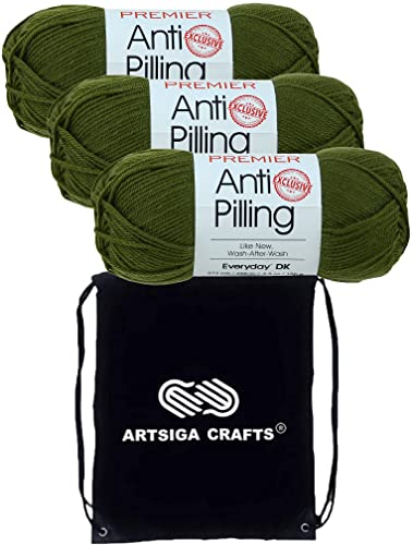 Image of Premier Yarns Anti-Pilling Everyday DK Fern Green 1107-13 (3-Skeins-Same Dye Lot) DK Light Worsted #3 Anti-Pilling Acrylic Yarn for Crocheting and Knitting with Project Bag