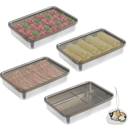 4PCS Recipiente de Almacenamiento de Carne Modula, Organizador Nevera Organizador Frigorifico con Esponja, 800 ml Fiambreras de Acero Inoxidable con Tapa para Almacenar Cárnicos Carne y Queso