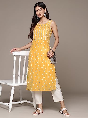 Image of ishin Women's Silk Ethnic Motifs Mustard Straight Kurta
