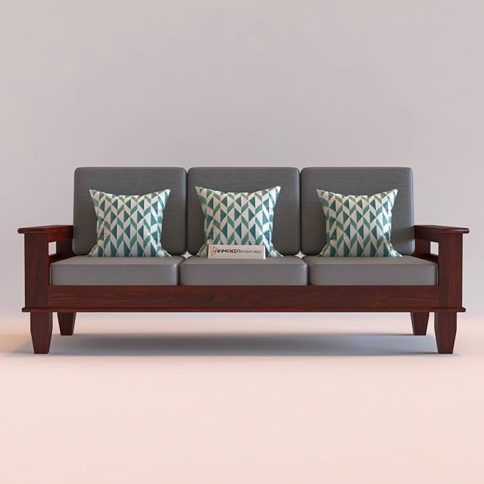 Image of Sheesham Wooden 3 Seater Sofa for Living Room | Rosewood 3 Seater Cushion Sofa with Side Newspaper Holder for Home & Office | Solid Wood Sofa Set for Lounge (Mahogany Finish)