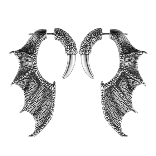 HZMAN Wings Earring for Men Stainless Steel Gothic Punk Retro Dargon Wing Stud Earrings Halloween Jewelry Gift