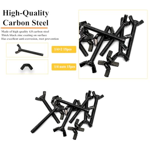15 Sets 1/4"-20 x2 Wing Screw Bolts and Wing Nut Kit Butterfly Screws and Nut with Hand Twist Tighten Wing Head Black Zinc Plated Hardware Fitting Fastenings Assortment Kit