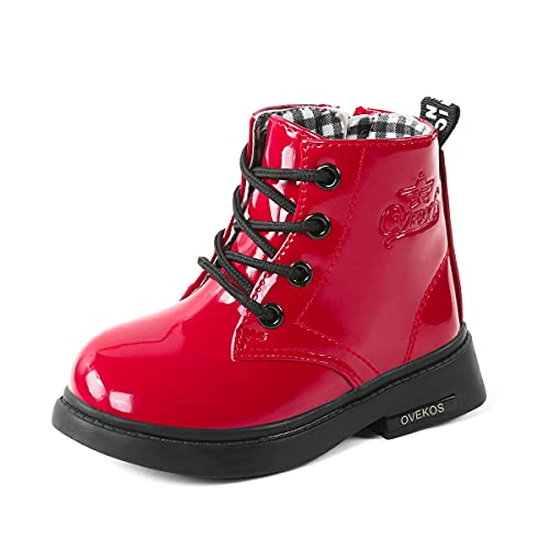 Youecci Mädchen Boots Stiefel Schneestiefel Winter Unisex-Kinder Warme Stiefeletten Outdoor Schnürschuhe PU-Leder Schneeschuhe für Baby Mädchen B-Rot Schwarz 21 EU Cover
