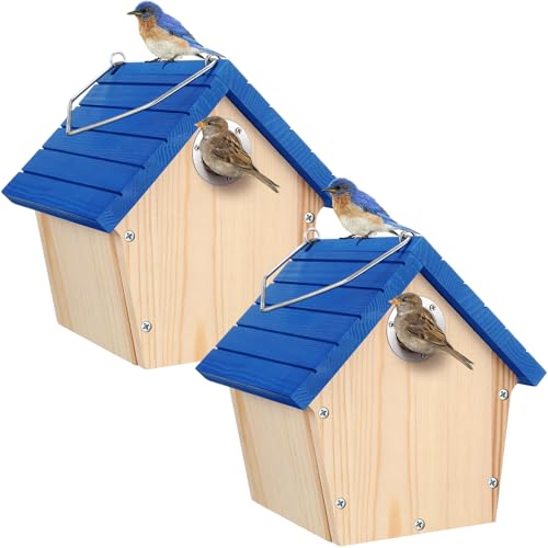 2 Set Wooden Bird House Kit Wren Outdoors Hanging Blue Birdhouse with Predator Guard Garden Cottage Birdhouse Patio Nest Box for Wild Bird Watching Outdoor Patio Garden Decorative