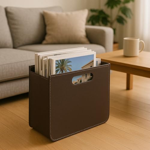 ROCKING GIFTS Zeitschriftenst‰nder aus Kunstleder, faltbar, braun, mit Griffen aus Kunstleder f¸r Aufbewahrung Wohnzimmer und Sofa, 40 cm