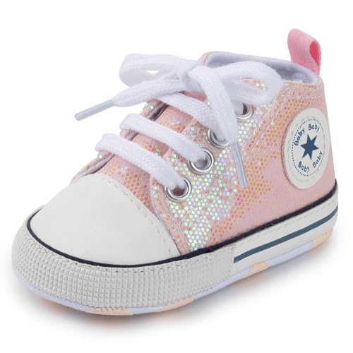 Image of Unisex Baby Girls Boys Canvas High-top Shoes, Newborn Infant Anti-Slip Soft Sole Frist Walking Breathable Sneakers
