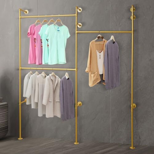 Industrial Pipe 3 Shelves Clothes Organizer Wall-mounted Clothing Display Rack - Gold