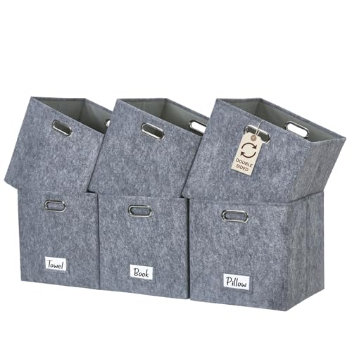 Image of DECOMOMO 11 inch Cube Storage Bin, Storage Cubes with Labels Felt Basket for Shelves Closet Toys Clothes Books (Cube 11" / 6pcs, Dark Grey)