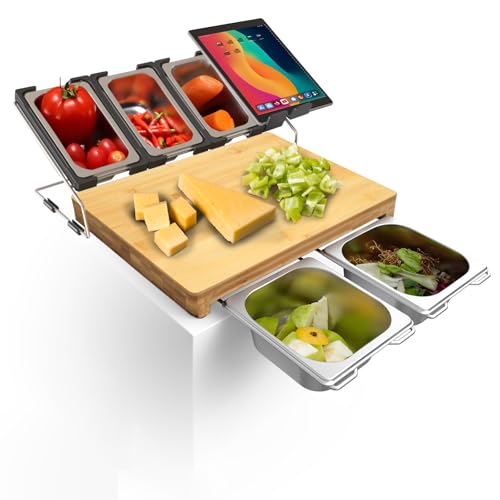 SUNUCO Schneidebrett mit auffangschale Bio-Bambus Holz Cutting Board Extra Groß Inklusive 5 x Stainless steel kitchen food storage box und 1 x Telefon/Tablet-Halterung(40 * 28 * 3.2cm)