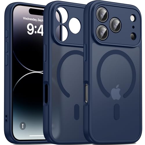 Image of Oterkin Magnetic for iPhone 17 Pro Case Matte, Upgraded Full Camera Protection Compatible with MagSafe Frosted Translucent Shockproof Anti-Scratch Slim Fit Case Military Grade Protection (Dark Blue)