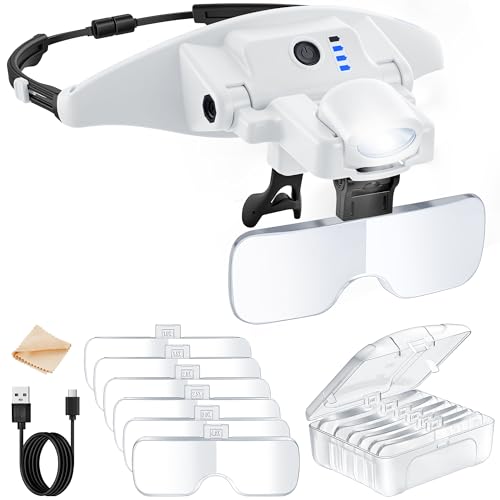 JARLINK Magnifying Glasses with Light 6 Interchangeable Lens (1.0X-4.0X) & 3 Lighting Modes Rechargeable Headband Magnifier for Jewelry Cross Stitch Supplies Reading and Close Work