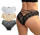 AUTUCAU Sexy Cheeky Underwear for Women Lace Floral Bikini Criss Cross Seamless Panties Ladies Cute Hipster Briefs 3-Pack