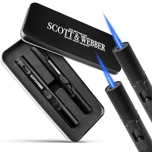 Scott & Webber® - Sturmfeuerzeug mit Jetflamme - 2 Stück Stabfeuerzeug Nachfüllbar Gas Feuerzeug aus Metall - Inkl. edler Metall Geschenkverpackung...