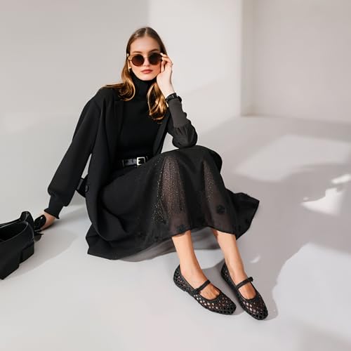 Image of Woven Mesh Ballet Flats Shoes for Women with Elastic Strap Square Toe Breathable Slip On Flat Mary Janes Dress Casual Shoes