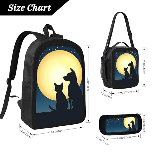 Moon Galaxy Cat Dog Large 3-Piece Backpack Set with Insulated Lunch Box & Pencil Case Waterproof 17 Inches Backpacks Bag Back Packs Pencil Pouch Lunch Bag for Men Women 3 Pcs (Black)4