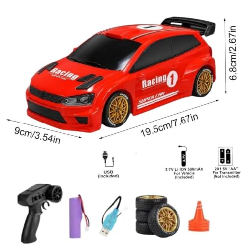 Image of Rc Drift Remote Control Car 1:24 Scale, High-Speed, 4Wd, Lights, Rechargeable Racing Car, Drifting Tires, 2.4Ghz, for Kids (1:24 RC Drift - Red)