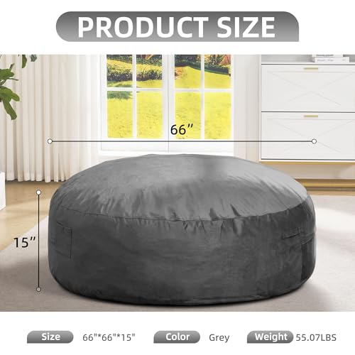 Image of Hobestluk Giant Bean Bag Chairs 6FT Oversized BeanBag Chair for Adult Jumbo | Memory Foam,Washable Cover,Storage Pocket,Handle,Lightweight Round Dorm Chair Adult Bean Bag Bed Study Room Gaming | Grey 6FT