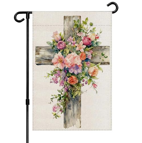 Christian Cross Floral Garden Flag Outdoor Decor for Porch Patio Lawn