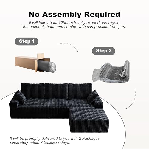 Image of Modular Sectional Sofa Couches L-Shape Couch 3 Seat Modular Sofa Memory Foam Sectional Couches for Living Room (Black, 108 inch+Right Chaise)