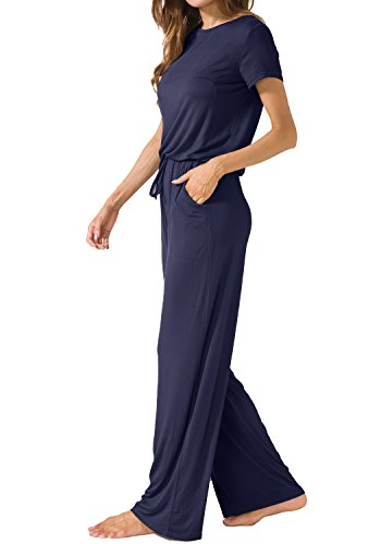 LAINAB Womens Casual Long Sleeves O Neck Wide Legs Playsuits Jumpsuits Deep Blue M