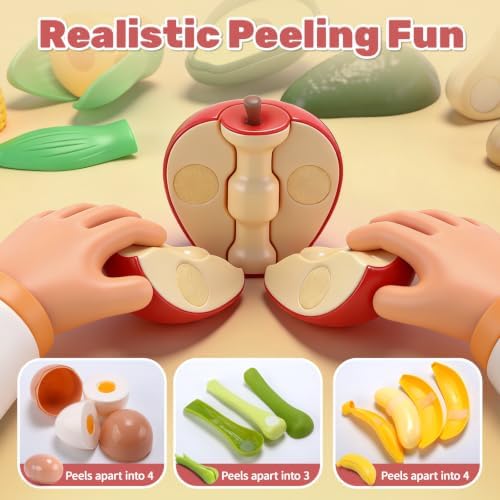 CUTE STONE 70+pcs Kids Play Kitchen Accessories Toy, Complete Cooking Playset with Peelable & Cuttable Play Food, Pots & Pans, Utensils, Shopping Basket, Tray, Learning Gift for Toddlers Age 3-6 - 3