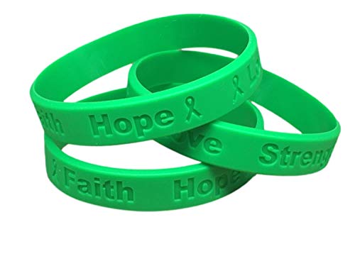 25 Green Liver Cancer Ribbon Awareness Bracelets 100% Medical Grade Silicone - Latex and Toxin Free - (25 Bracelets) Show Your Support