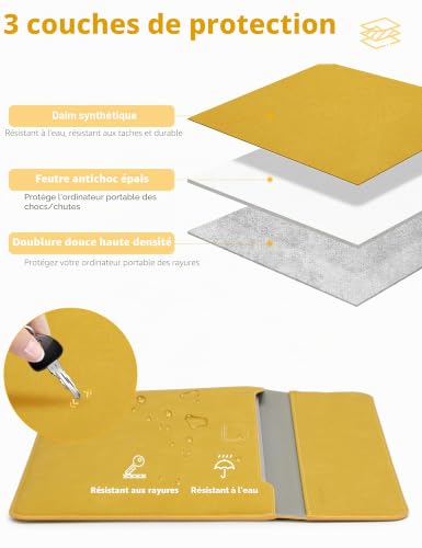 Housse ordinateur 14 pouces avec support pour MacBook Pro et Surface Laptop jaune - 3