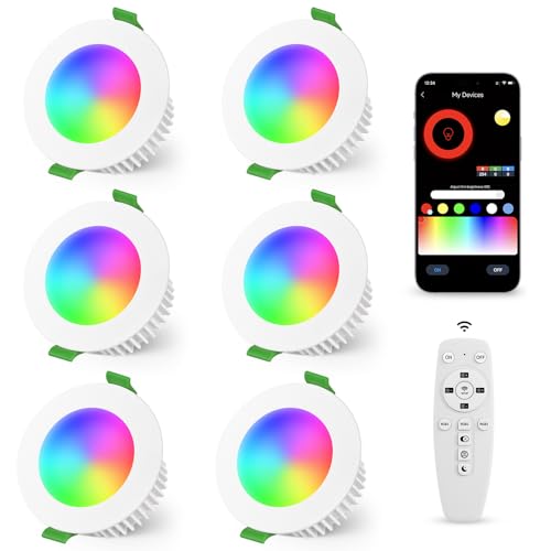 YindaLux 5W LED Einbaustrahler 230V RGB, 6 Stück LED Spots Warm bis Kaltweiss 2700K-6500K Dimmbar Steuerung mit App & Fernbedienung, Bohrloch 65-80mm IP44 Bluetooth Möbeleinbauleuchte, Weiß