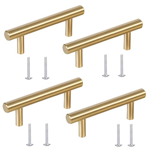 Jyinelx 4Pcs 96mm Gold Kitchen Handles Stainless Steel Cabinet Handles Easy to Install Modern Style Stylish and Sophisticated Kitchen Cupboard Handle for Cabinets Cupboards and Drawers