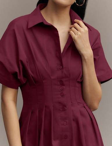 Image of Yeokou Shirt Dress for Women Summer Casual Short Sleeve Button Down Loose Pleated Maxi Sundress with Pockets