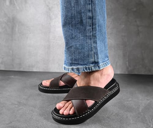 Image of LOUIS STITCH Brown Comfortable Men's Sandals | Lightweight Casual Cross Strap Slip-On Sandals| Everyday Wear Sandals with PU Cushion Sole | LSOF-22-BB