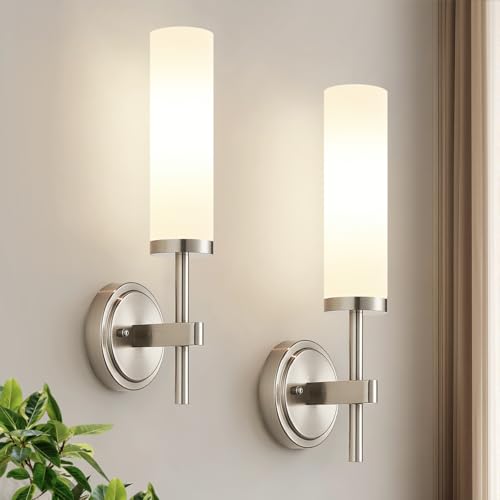 Image of [Hardwired] Wall Sconces Set of Two, Brushed Nickel Bathroom Sconces with Milky White Glass, Modern Wall Light Fixtures for Bathroom Mirror Vanity, Living Room, Hallway, Stairway, Cabinet, Foyer