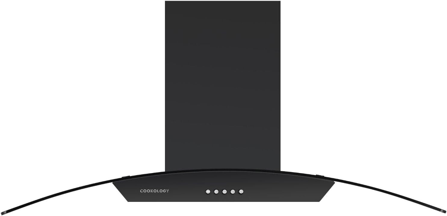 Cookology CGL900BK/A Cooker Hood Chimney Kitchen Extractor Fan 90cm, Recirculating & Ducting Wall Mounted, Curved Glass, Energy Rating A, 3 Speed Settings, LED, Adjustable Height - Black