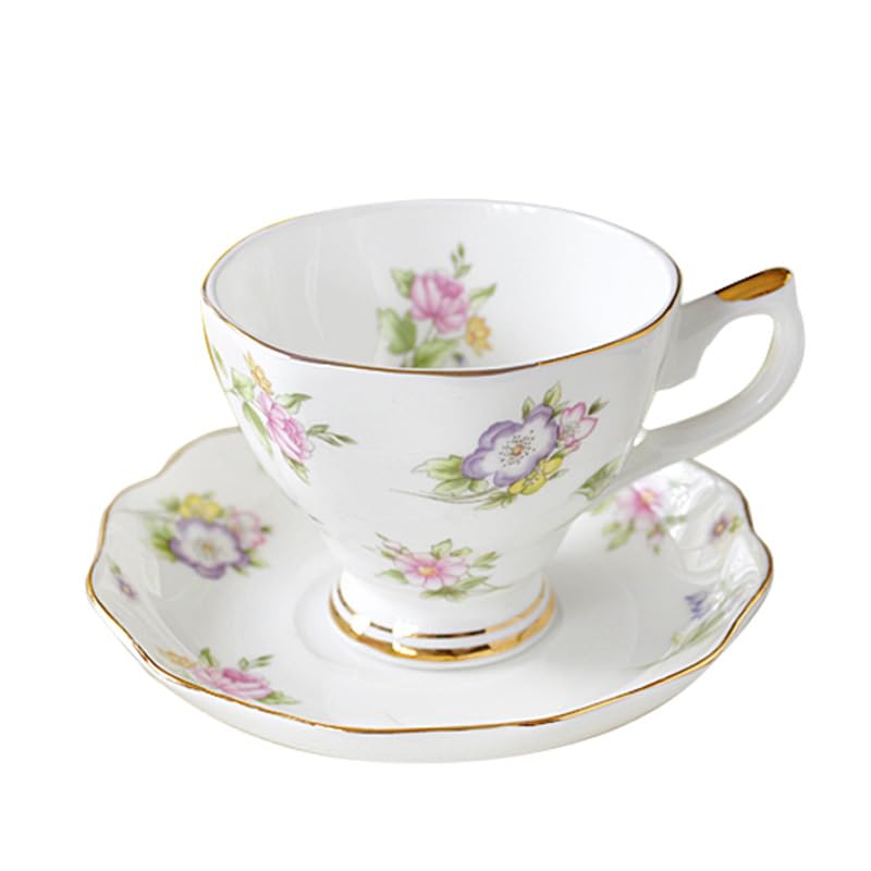 British Bone China Coffee Cup with Saucer and Spoon for Latte Americano Cups with Saucer Porcelain Tea Cup Set, Cups and Saucers 3 Piece Set（6.8oz） (A-white)