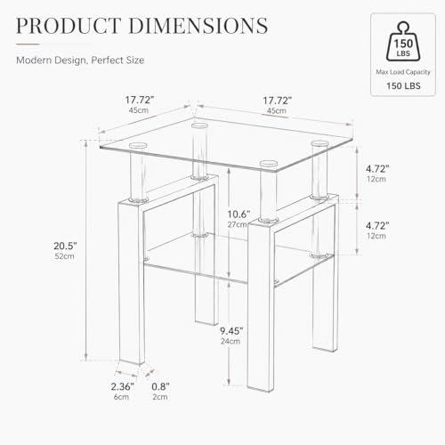 Image of Meihua Glass End Table, Square Glass Side Table, 2-Tier Modern Nightstand with Metal Legs for Living Room&Bedroom (Transparent, 1pc)