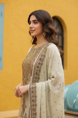 Image of Amazon Brand - Tavasya Womens Ethnic Motifs Embroidered Kurta Pant Set With Designer Long Dupatta