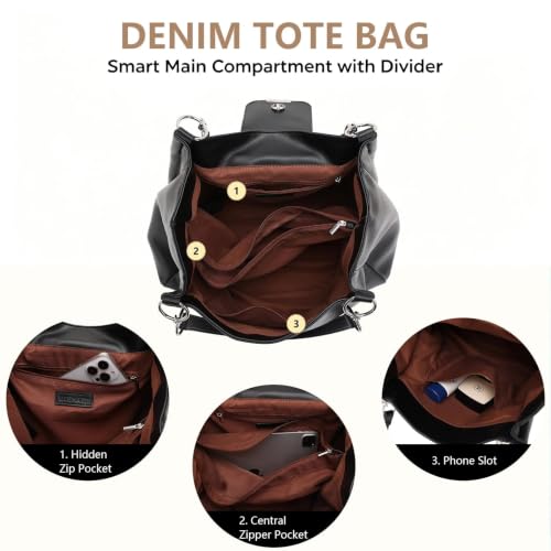 Image of BESMART Denim Tote Bag for Women, Retro Canvas Shoulder Bags with Circle Chain and PU Leather