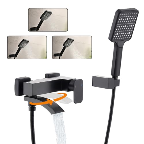 BAITUJIE Mélangeur de baignoire avec douche en noir, robinet de baignoire noir en cascade, mélangeur de salle de bain avec interrupteur pivotant à 90°,...