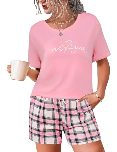 Leversic Pijama Verano Mujer Corto a Cuadros 2 Piezas Parte Superior de Manga Corta con Pantalones Conjunto de Ropa de Estar por Casa(Rosa1,S)