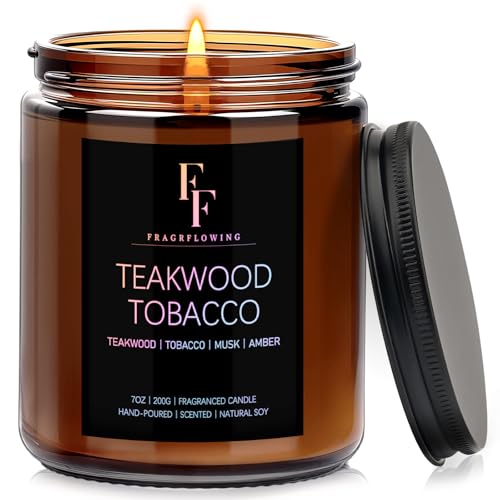 Teakwook Tobacco Scented Candle for Home Soy Wax Candle Aromatherapy Candle Gift for Women Men 7oz