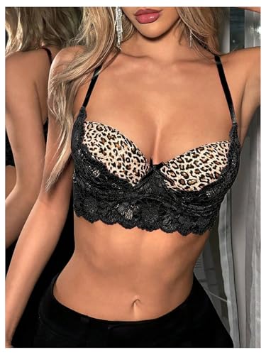 MakeMeChic Women's Cheetah Print Bra Floral Lace Bra Spaghetti Strap Scallop Trim Bralette4
