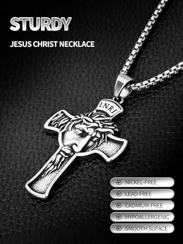 Catholic INRI Crucifix Necklace for Men & Women Stainless Steel Jesus Crown of Thorns Cross Pendant3
