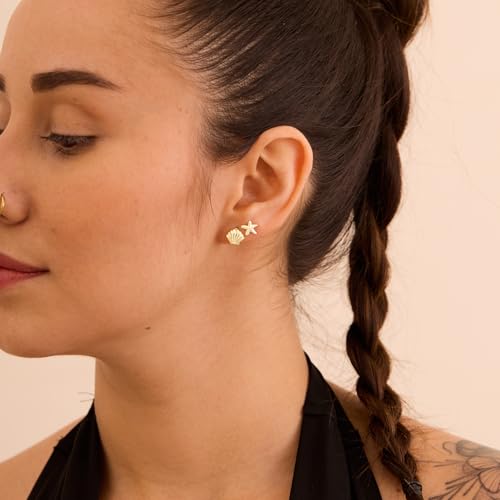 Gold Earrings for Women - 2 Pairs/1 Pairs 14K Gold/Silver Plated Small Shell, Starfish, Turtle, Seahorse, Octopus, Cicada Stud Earrings Set Summer Beachy Jewelry for Women Gifts3