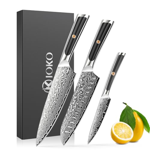 ioko Damaszenerstahl-Messer-Set, 3-teilig, Scharfe Klingen, Komfortable Griffe (Schwarz)