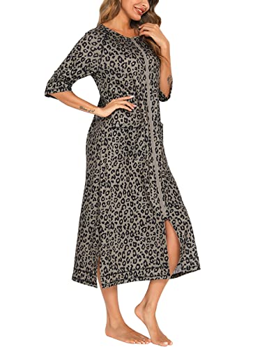 Image of Veseacky Women Robe Zipper Front House Coat 3 /4 Sleeve Nightgown Full Length Ladies Lounge Dress with Pockets S-XXL
