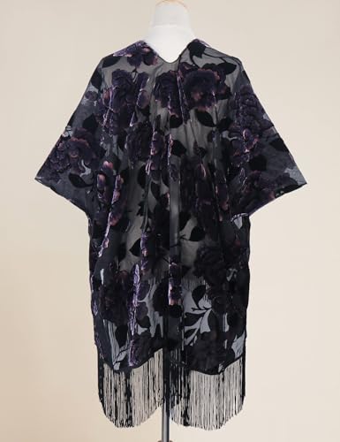 Image of MJ SERECA Women's Burnout Velvet Kimono Cardigan Cover Up with Tassel